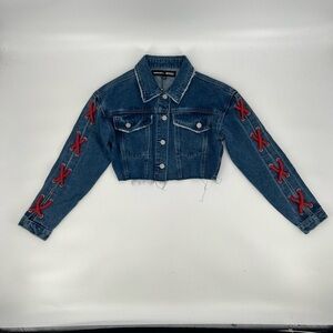 Madison Beer x Missguided Raw Hem Red Rope Accent Crop Jean Jacket Size 4 Womens